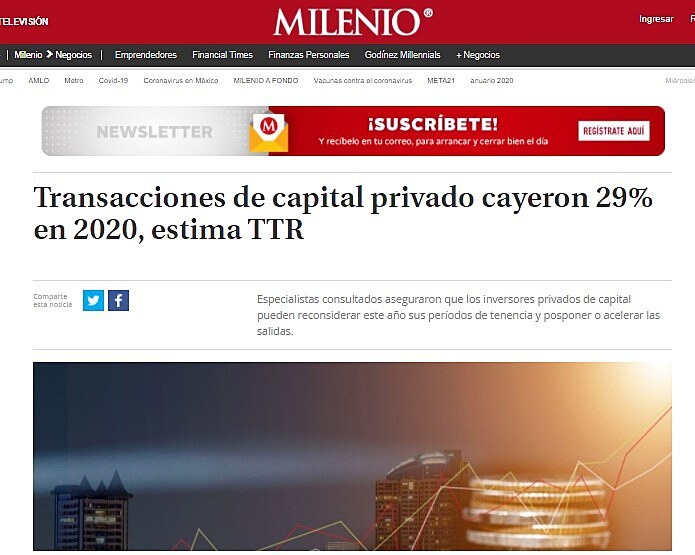 Transacciones de capital privado cayeron 29% en 2020, estima TTR